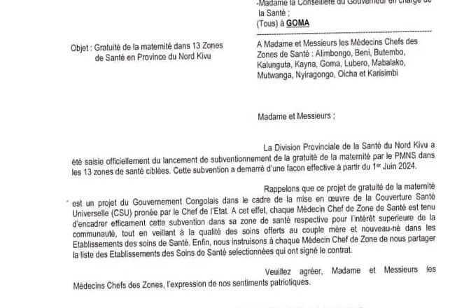 Nord-Kivu: La Division Provinciale de la Santé ordonne la gratuité de la maternité dans 13 zones