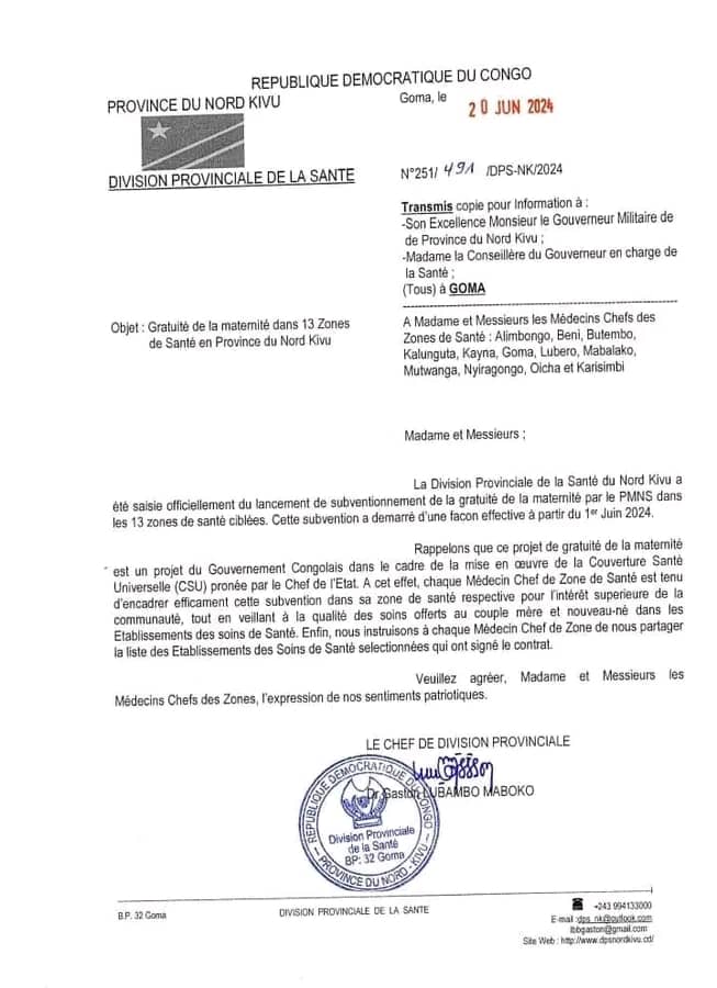 Nord-Kivu: La Division Provinciale de la Santé ordonne la gratuité de la maternité dans 13 zones