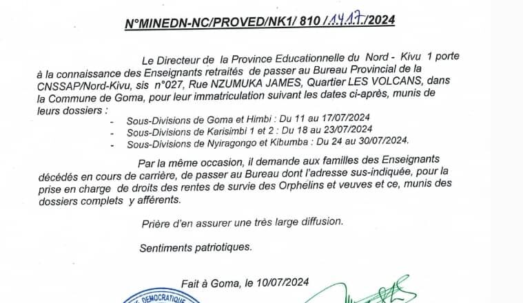 Nord Kivu :Les enseignants retraités toucheront désormais leurs pensions au travers de la CNSSAP, (communiqué)